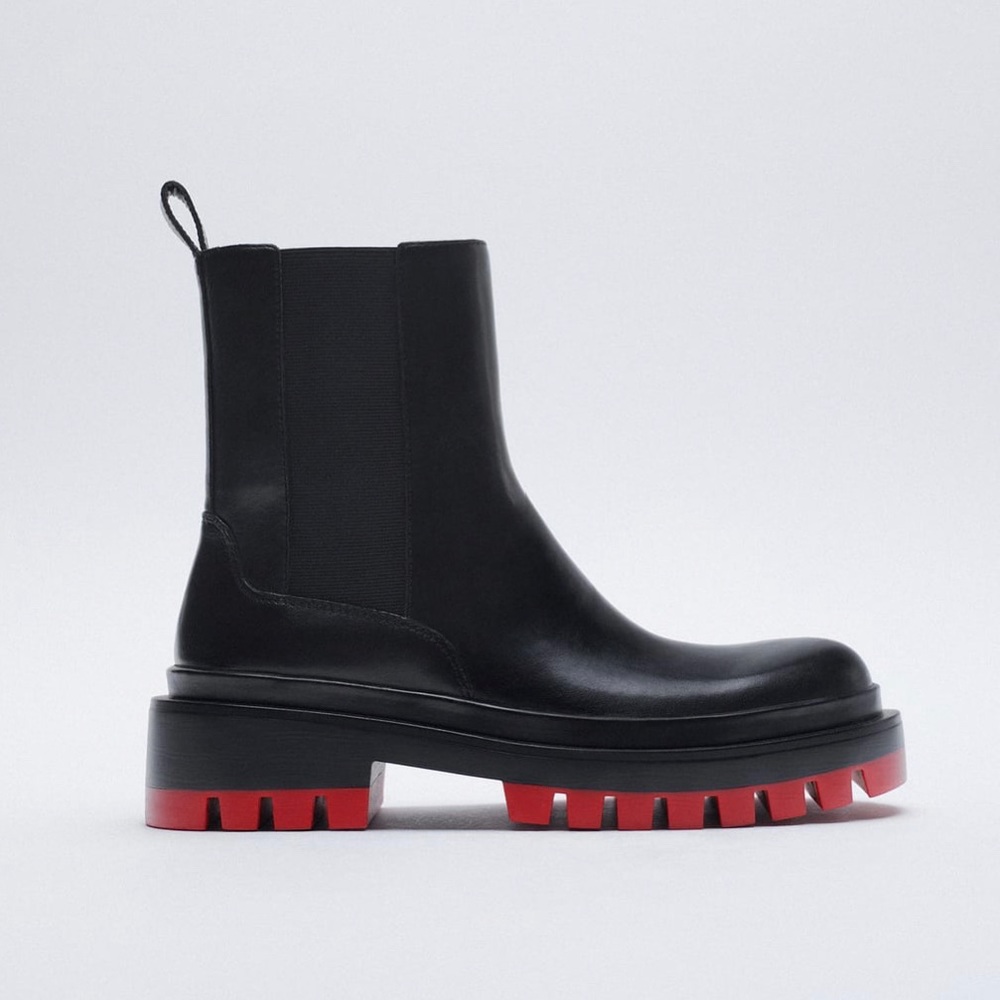 ZARA Lug Leather Ankle Boots - Black/Red
